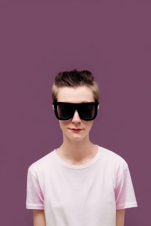 Prompt: a high definition film photograph of a normal androgynous robot human wearing a plain white t - shirt, in a pastel pink room. happy. circular black sunglasses. crushed shadows.