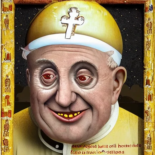 Image similar to a amazing new surrealist hybrid of the pope mixed with an anthropomorphic cheeseburger made of the popes face by kandinskali and catrin welz - stein, melting cheese, steamed buns, grilled artichoke, sliced banana, salami, milk duds, licorice allsort filling