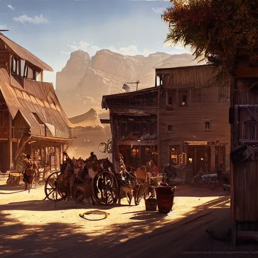 Prompt: painting of a wild west town, no people, saloon, golden hour, ultra realistic, concept art, dark fantasy, intricate details, eerie, highly detailed, photorealistic, octane render, 8 k, unreal engine 5. art by artgerm and greg rutkowski and alphonse mucha