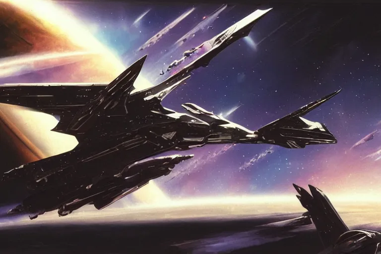 Image similar to gnostic space nebula by John Harris, framing a pteranodon mecha interceptor, small against the backdrop of space, white john berkey armor panels, wine-red and grey trim, robotech styling, with white Kanji markings outlined in black, boeing concept art painting, cinematic lighting, amazing lifelike cinematic photo render,