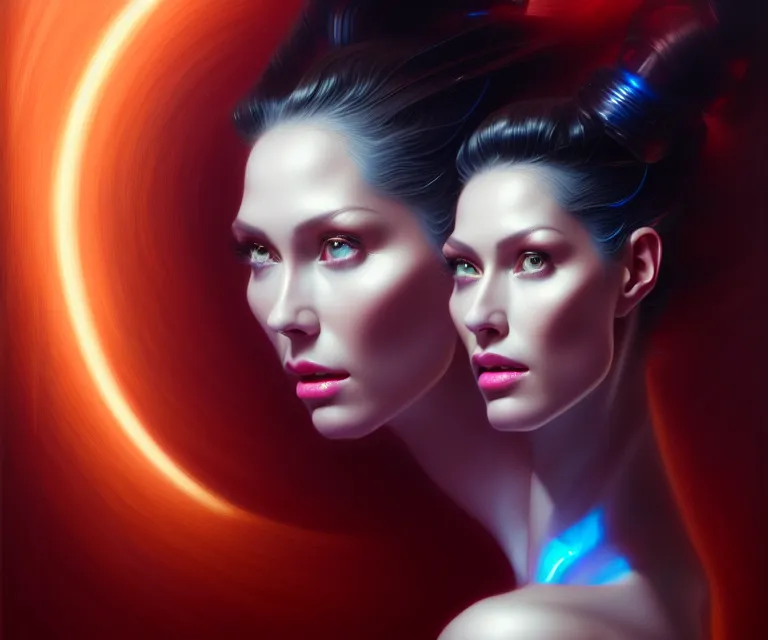 Image similar to beauty woman with detailed faces, in holograms of alien artifacts, electrical case display, total recall tech, , ultrarealistic, dramatic lighting, electrical details, high details, 4k, 8k, best, accurate, trending on artstation, artstation, photorealism, ultrarealistic, digital painting, style of Peter Mohrbacher, Caravaggio, Boris Vallejo