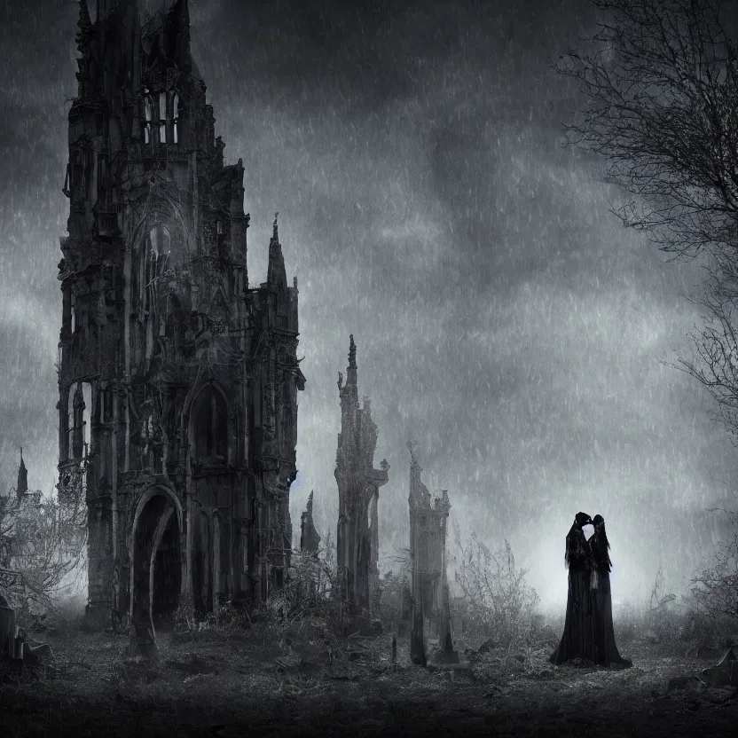 Prompt: A Gothic couple of jewels in an empty land, dark romance, dark and mysterious, atmospheric, ominous, eerie, cinematic, Epic, 8k, 4k, ultra detail, ultra realistic, rendered by awesomeness