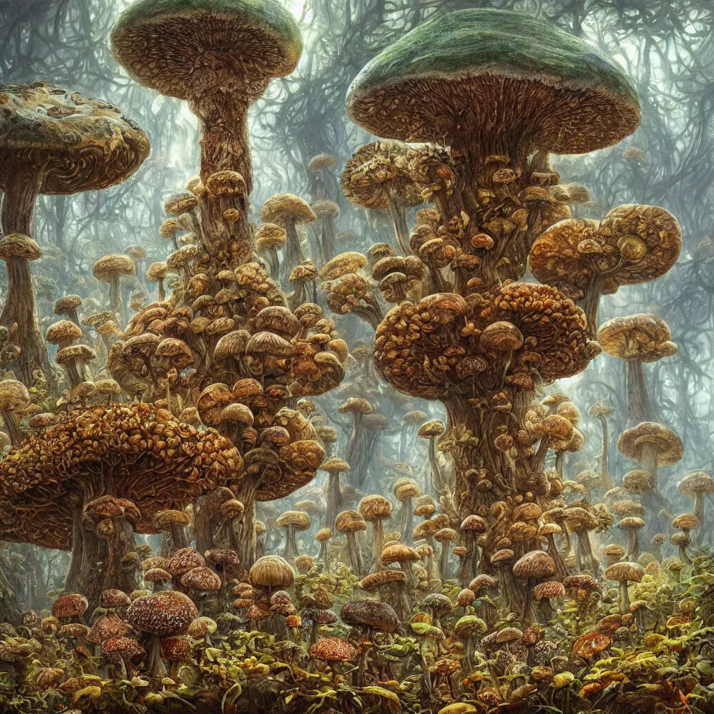 Prompt: the big mushroom, a beautiful hyper realistic detailed concept art of a fractal eldritch and fascinating mushroom forest with morels at foreground and amanitas and puffballs and psilocybes and reishi and spores on several floors by andreas rocha and john howe and dan mumford and albert bierstadt, nausicaa, ultrawide angle, artstation, pinterest