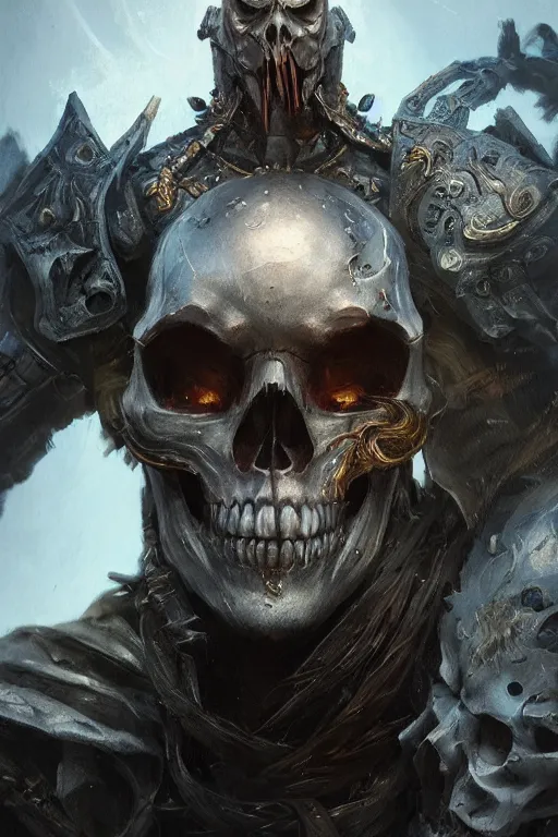 Image similar to concept art skull warrior, close - up portrait, powerfull, intricate, elegant, volumetric lighting, scenery, digital painting, highly detailed, artstation, sharp focus, illustration, concept art, ruan jia, steve mccurry