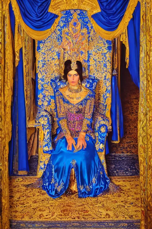 Prompt: a dramatic photo of a beautiful persian princess wearing a blue dress standing in a throne room lit from above. Photorealistic
