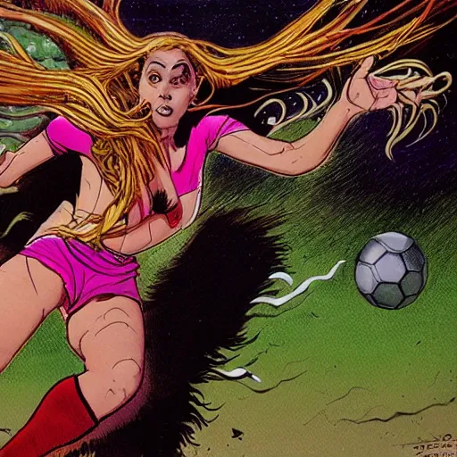 Prompt: a succubus playing soccer, colorful Epic portrait by james gurney and mœbius.