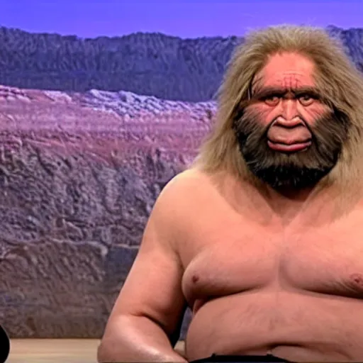 Image similar to Neanderthal interviewed on The Tonight Show, Homo neanderthalensis, 2022 TV footage, talk show