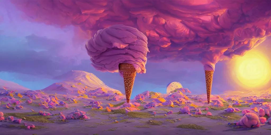 Image similar to ice cream candy apocalypse, colorful, wide angle, super highly detailed, professional digital painting, artstation, concept art, smooth, sharp focus, no blur, no dof, extreme illustration, Unreal Engine 5, Photorealism, HD quality, 8k resolution, cinema 4d, 3D, beautiful, cinematic, art by artgerm and greg rutkowski and alphonse mucha and loish and WLOP