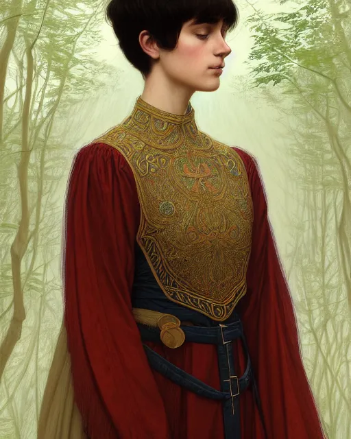 Image similar to symmetry portrait of welsh brunette student in mans tunic, embroidery, tomboy, short hair, intricate forest background, intricate, elegant, highly detailed, digital painting, artstation, concept art, smooth, sharp focus, illustration, art by artgerm and greg rutkowski and fra angelico and alphons mucha