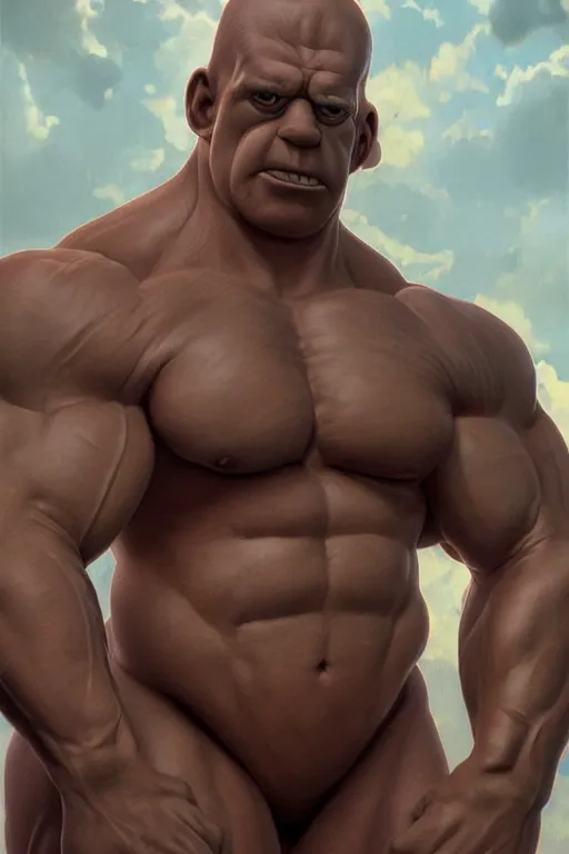 Image similar to upper body portrait of a hulking bulky swole steroids musclebound huge bodybuilder muscular herculean chiseled homer simpson, cinematic lighting, photorealistic, octane render, 8 k, depth of field, 3 d, art by artgerm and greg rutkowski and alphonse mucha and uang guangjian and gil elvgren and sachin ten