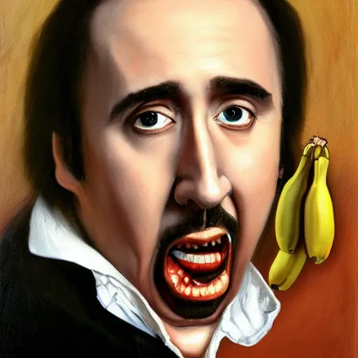 Prompt: highly detailed oil painting of nicolas cage in a banana, 4 k, in the style of caravaggio and dali
