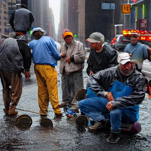 Image similar to closeup portrait of a group of fishermen trying to fish in the manholes in between car traffic in rainy new york street, by David Lazar, natural light, detailed face, CANON Eos C300, ƒ1.8, 35mm, 8K, medium-format print