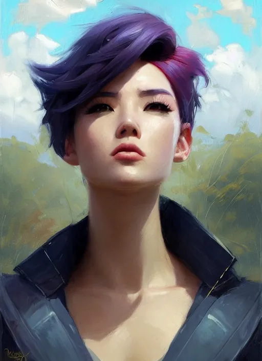 Image similar to portrait of VI from League of Legends after work, countryside, calm, fantasy character portrait, dynamic pose, above view, view from above, sunny day, thunder clouds in the sky, artwork by Jeremy Lipkin and Giuseppe Dangelico Pino and Michael Garmash and Rob Rey, very coherent symmetrical artwork, sharp edges, perfect face, simple form, 100mm