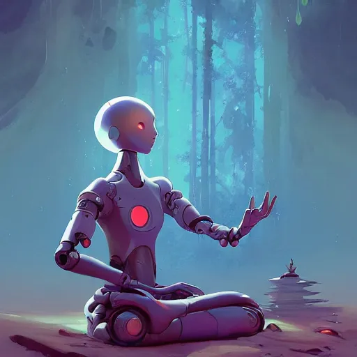 Image similar to a beautiful illustration of a humanoid robot meditating by pete mohrbacher and guweiz and josan gonzalez and and moebius and enki bilal and jean claude meziere, graphic novel