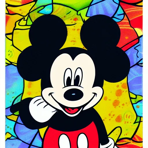 Image similar to trippy mickey mouse blotter art, acid tabs