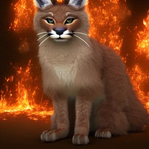 Image similar to cute fluffy caracal in surreal burning forest beautiful 4 k hyperrealistic artstation trending ray traced unreal engine detailed high resolution high detail drawn by peter michaels michaels mackentire and ronaldo swansonjohnson