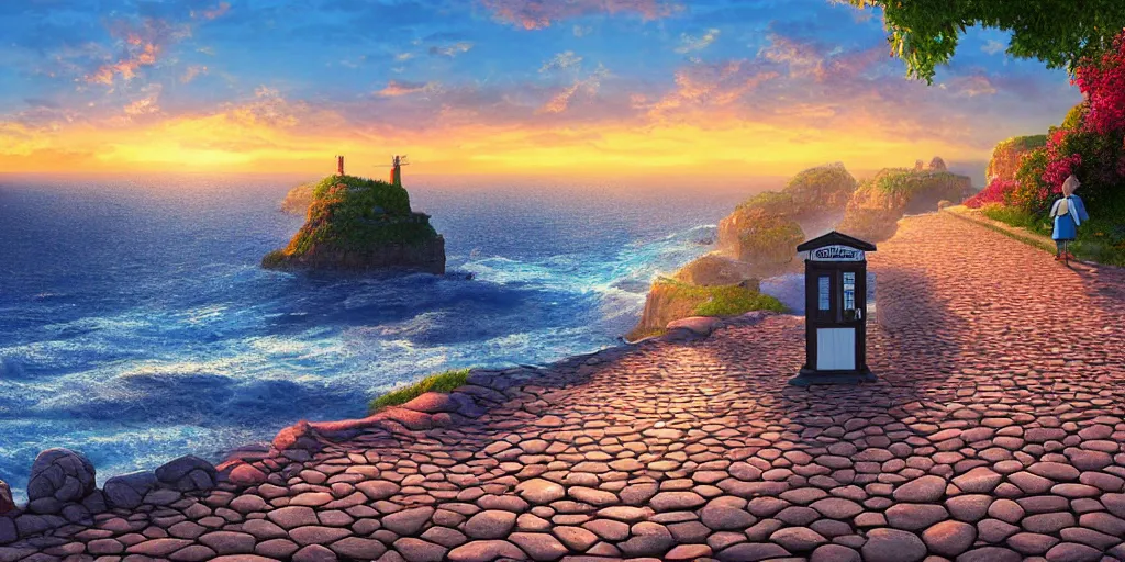 Image similar to epic professional digital art of a lonely cobblestone street with a kiosk on a cliff over the sea at sunset, highly detailed, pixar movie