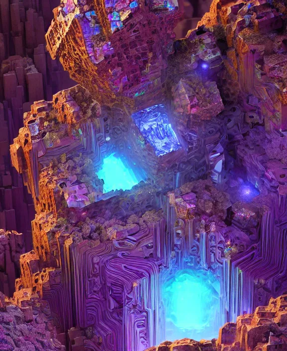 Prompt: concept art of giant fractal bismuth golem consists of bismuth geode crystals, extremely high details, masterpiece, photorealistic, hyperrealism, vray, octane render, volumetric lighting, depth of field, bokeh, artstation, cgsociety by johannen voss, michael whelan, greg broadmore, frank frazetta