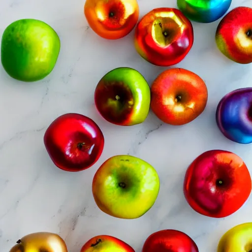 Prompt: rainbow metallic apples, cookbook photo