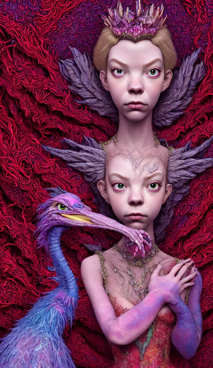 Image similar to hyper detailed 3d render like a Oil painting - kawaii portrait Aurora (a beautiful skeksis muppet fae queen from dark crystal that looks like Anya Taylor-Joy) seen red carpet photoshoot in UVIVF posing in scaly dress to Eat of the Strangling network of yellowcake aerochrome and milky Fruit and His delicate Hands hold of gossamer polyp blossoms bring iridescent fungal flowers whose spores black the foolish stars by Jacek Yerka, Ilya Kuvshinov, Mariusz Lewandowski, Houdini algorithmic generative render, Abstract brush strokes, Masterpiece, Edward Hopper and James Gilleard, Zdzislaw Beksinski, Mark Ryden, Wolfgang Lettl, hints of Yayoi Kasuma and Dr. Seuss, octane render, 8k