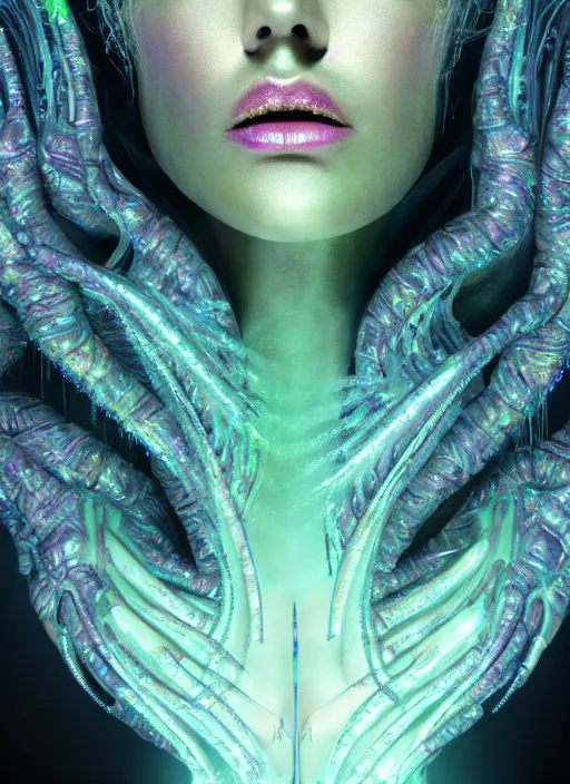 Prompt: beauteous sumptuous face by h. r. giger, cinematic forest lighting, with incredible iridescent pearlescent voluminous fluorescent neon laser beam hair, delicate crystalline masterpiece tattoos, hyperdetailed face, elegant pose, movie still, intricate, octane render, unreal engine, crepuscular rays, god rays