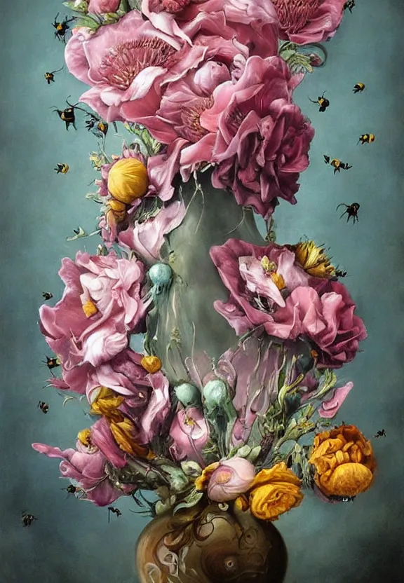 Prompt: a biomorphic painting of a vase with flowers and eyeballs in it, a surrealist painting by marco mazzoni, by dorothea tanning, pastel blues and pinks, bees, featured on artstation, metaphysical painting, oil on canvas, fluid acrylic pour art, airbrush art, seapunk, rococo, lovecraftian