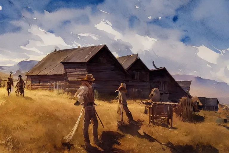 Prompt: paint brush strokes, abstract watercolor painting of american frontier western viking town, straw roof, daylight rays, cinematic light, american romanticism by hans dahl, by jesper ejsing, by anders zorn, by greg rutkowski, by greg manchess, by tyler edlin