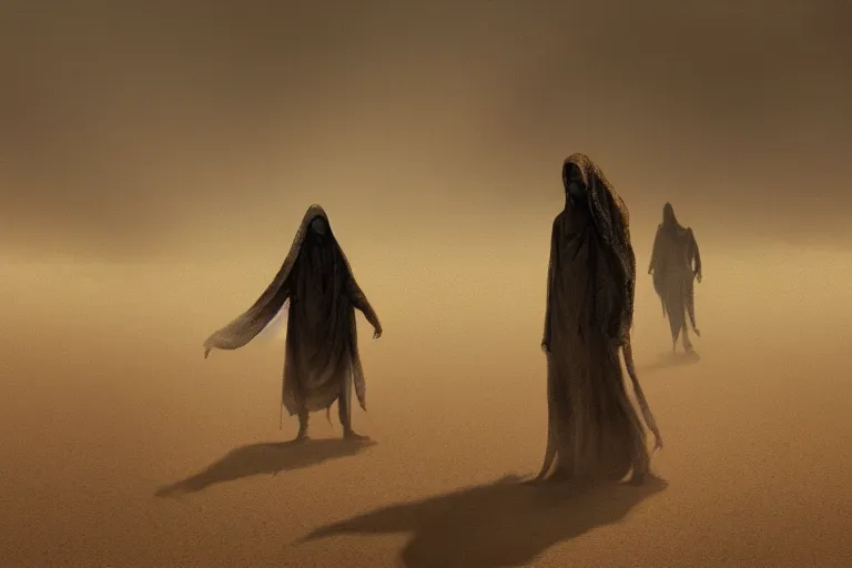 Prompt: a shadowy figure in tattered robes sees another figure in the distance, in an alien desert during a sandstorm ; tension, creepy mood, uneasy atmosphere, weird fiction art, breathtaking digital illustration, cinematic lighting, striking perspective, aesthetic composition, trending on artstation