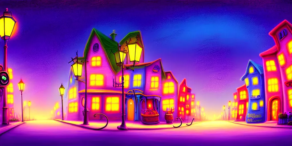 Prompt: curved perspective digital art of a summer night small town street pastel colors from tim burtons nightmare before christmas by petros afshar