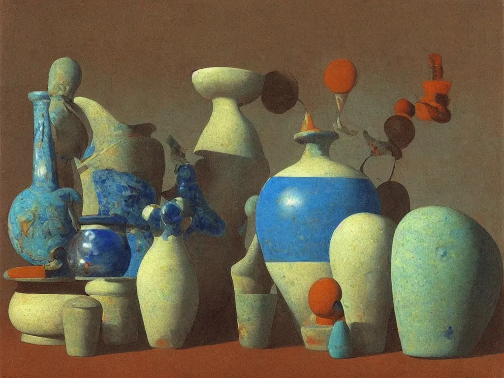 Prompt: greek painted ceramic, pottery, amphora, vase, negative - positive, floating in the night sky. lapis - lazuli, turquoise, malachite, cinnabar, earth brown. painting by georged de la tour, balthus, agnes pelton