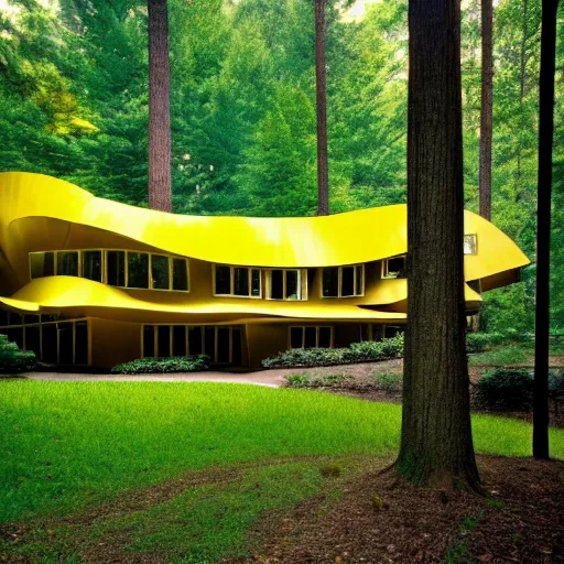 Image similar to architecture ad for a mid-century modern house in the middle of the forrest, designed by Frank Gehry. Film grain, cinematic, colorized, yellow hue