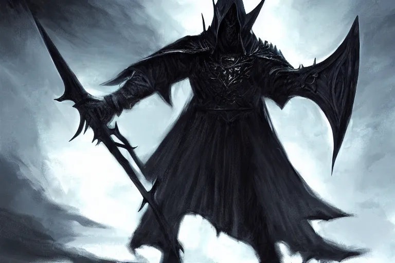 Image similar to concept art mood painting environment painting witch king of angmar wielding black sword lord of the rings. style of, ryan church, jon mccoy, george hull, painting