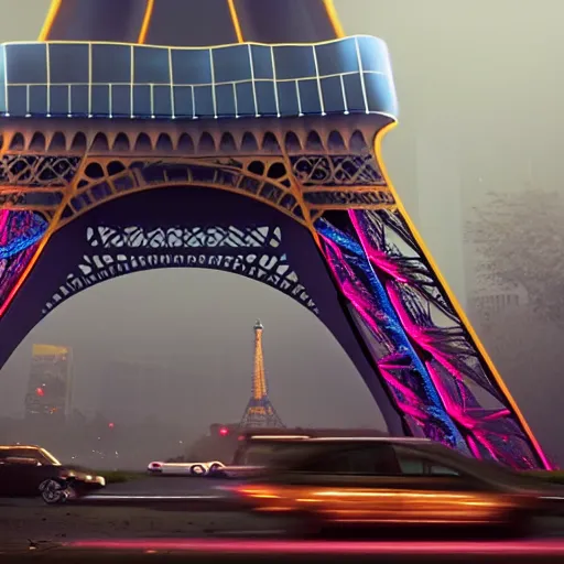 Image similar to A beautiful intricate 8K award-winning ground-level cinematic movie photograph of the future rusting remains of Eiffel Tower, surrounded by neon and collapsing corporate video billboard displays. in the year 2050, by Bruno Delbonnel and greg rutkowski. octane render, Arri Alexa 65. Cinematic lighting