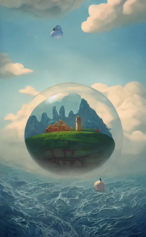 Image similar to hyperrealist painting of a giant flying cube inside a bubble from howl's moving castle ( 2 0 0 4 ) in a flooded monument valley stonehenge jungle. 1 9 7 0 s science fiction, moody, misty, depth perception, 4 k, artstation, in the style of studio ghibli