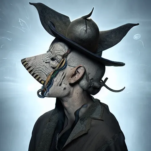 Image similar to sandman god of dreams wearing an plague - doctor mask, deliver me dimensional consciousness, by patrick woodroffe, by igor morski, by lauri lipton, cinematic lighting, volumetric lighting, neosurrealism, realistic shadows, sandman, particle effects, rendered in octane, fantasy