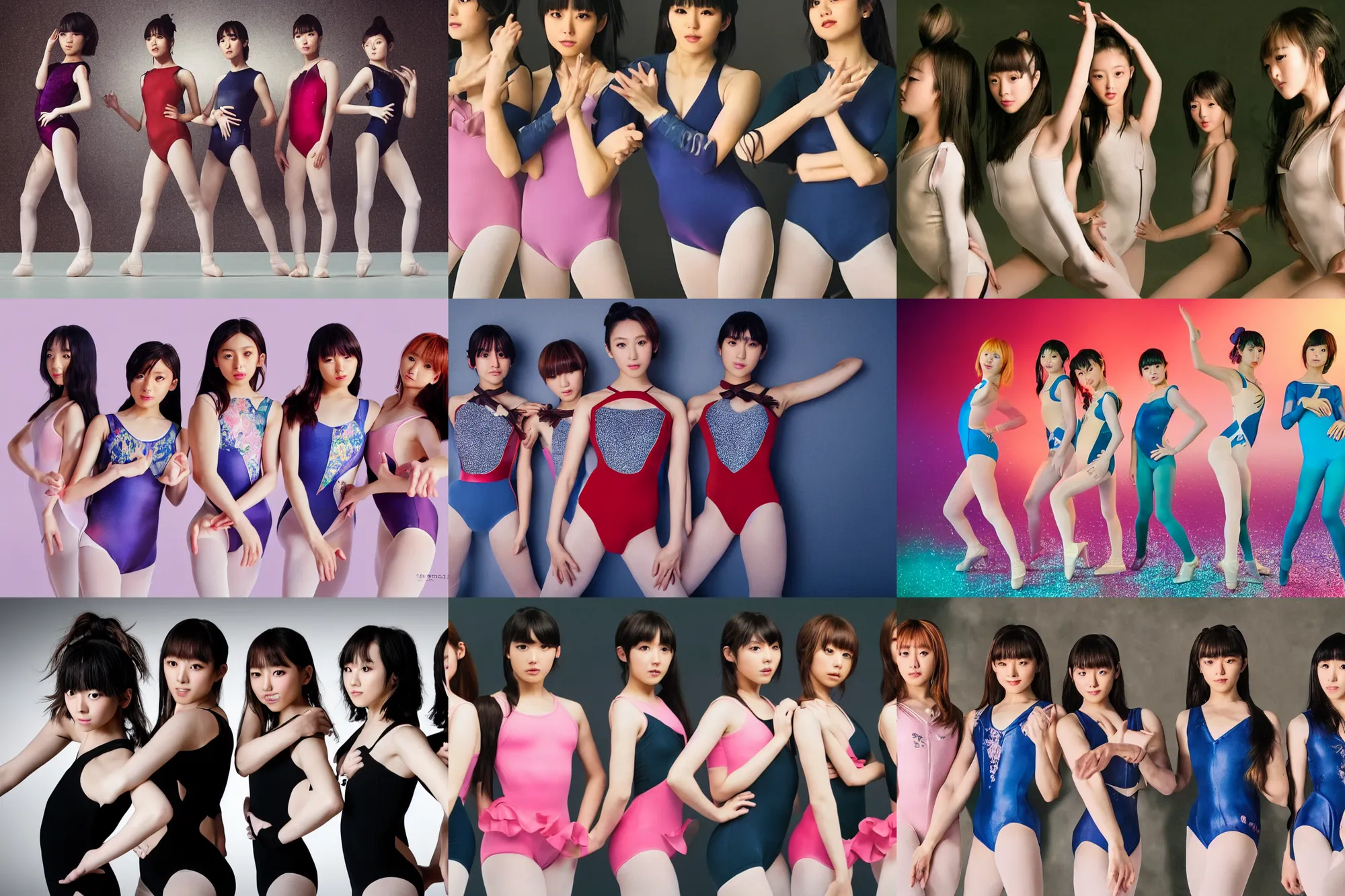 Prompt: unbelievably beautiful, perfect, dynamic, epic, cinematic 8 k hd movie shot, three beautiful cute young j - pop idols actresses in japanese girl band, posing together in leotards. motion, vfx, inspirational arthouse, high budget, hollywood style, at behance, at netflix, with instagram filters, photoshop, adobe lightroom, adobe after effects, taken with polaroid kodak portra