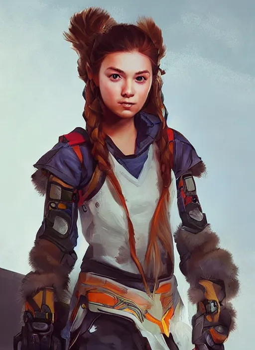 Prompt: a portrait digital painting of a young girl that looks a bit like aloy from horizon : new dawn. she's wearing a mechanics uniform and has been working on some large machinery. painted by artgerm, ross tran.