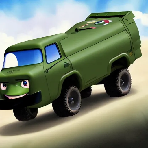 Image similar to HIMARS with eyes and smile, Cars Pixar movie style, detailed, green