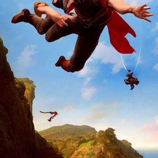 Image similar to a flying man catching a child that is falling from a cliff. photorealistic. realism. 4 k wideshot. cinematic. unreal engine. masterpiece. rule of thirds. beautiful. marc simonetti. jc leyendecker