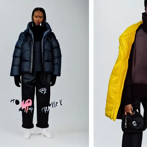 Image similar to realistic photoshooting for a new acne studio lookbook, color film photography, close up, model is wearing a puffer jacket, photo of a woman, photo in style of tyler mitchell, 3 5 mm, vetements, balenciaga, commes des garcon