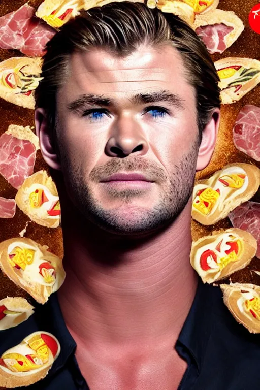 Image similar to 📷 chris hemsworth face on ham, made of food, head portrait, dynamic lighting, 4 k