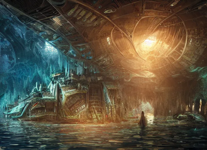 Image similar to favela spaceship cathedral, underwater environment, sorcery, scenery, professional, award - winning, trending on artstation, hyper detailed, realistic, beautiful, emotional, shiny, somber, picture