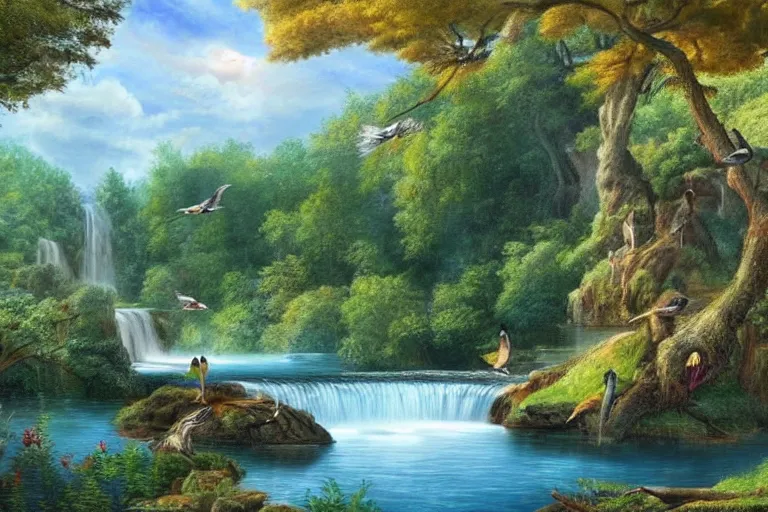 Image similar to a beautiful scene of a serene lake surrounded by trees, waterfalls flowing in between the trees, birds flying above, detailed realistic art