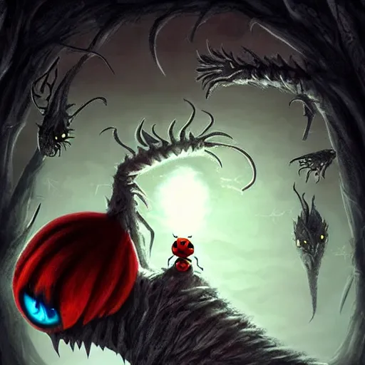 Image similar to ladybug as a monster boss, fantasy art style, scary atmosphere, nightmare - like dream