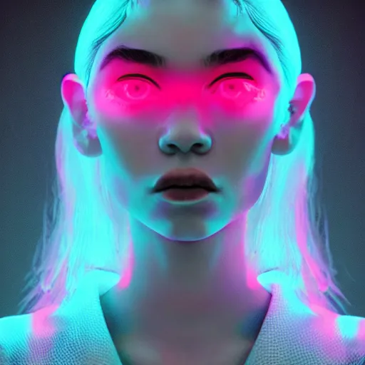 Image similar to grimes on stage djing, volumetric neon lights in the background, gleaming, 3 5 mm photography, portrait!!!!!!, photorealistic facial features, trending on artstation, 4 k, 8 k, zbrush, mannerism