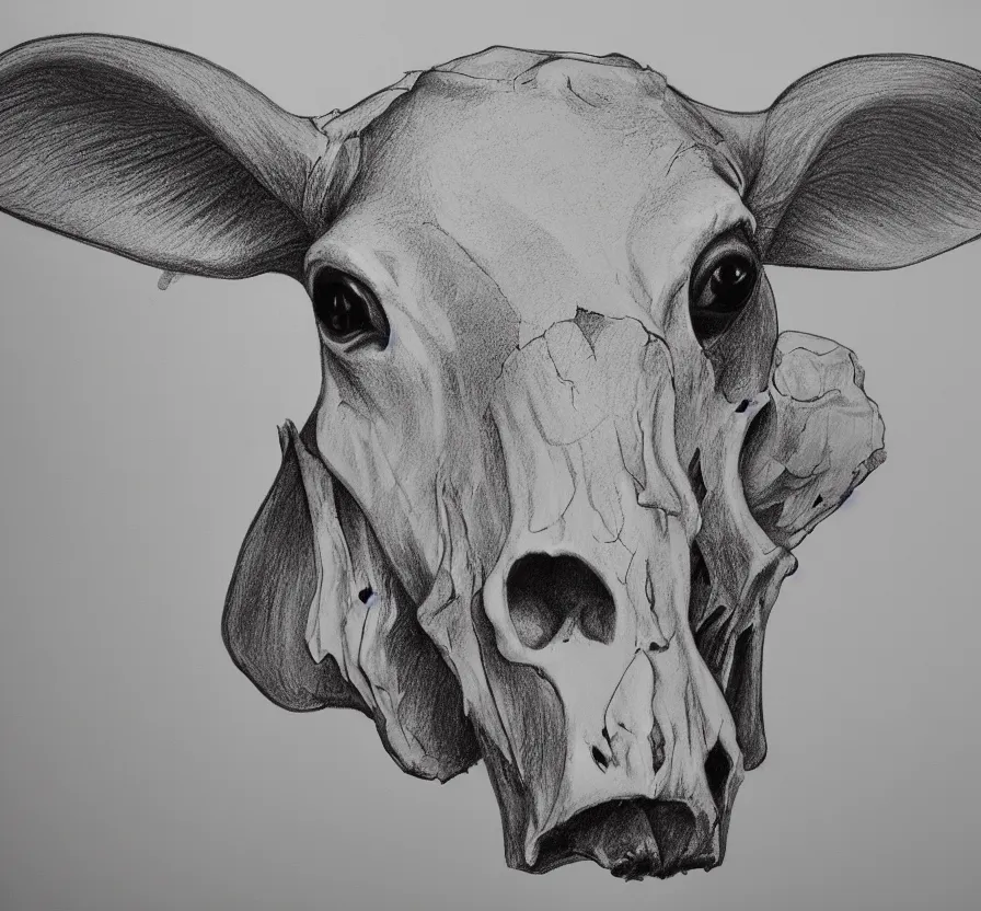 Image similar to cow skull, pencil drawing, pencil, black, sketch, on paper, realistic, detailed, artstation