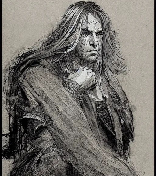 Image similar to portrait of man with long blond hair tied up wearing black robes, pen and ink, intricate line drawings, by craig mullins, ruan jia, kentaro miura, greg rutkowski, loundraw