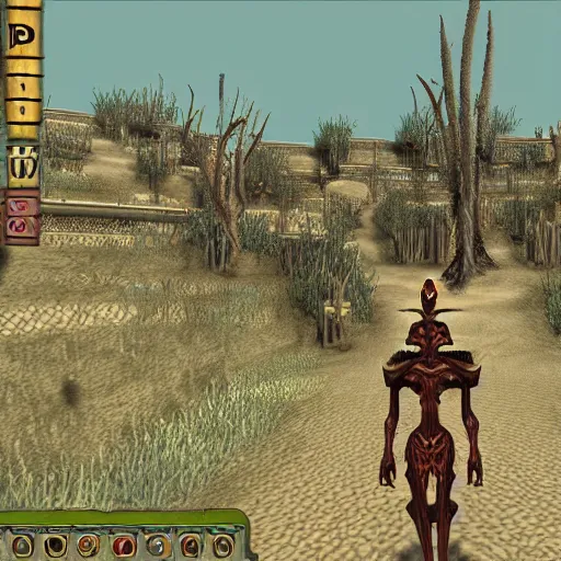 Prompt: bip bippadotta in morrowind, screenshot
