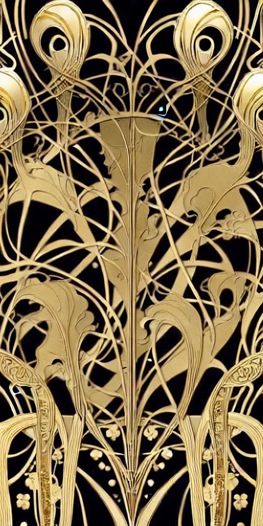 Image similar to the source of future growth dramatic, elaborate emotive Art Nouveau styles to emphasise beauty as a transcendental, seamless pattern, symmetrical, large motifs, 8k image, supersharp, metallic reflective surfaces, glittery iridescent and black colors with gold accents, perfect symmetry, Art nouveau curves and swirls, iridescent, pearlescent, High Definition, sci-fi, Octane render in Maya and Houdini, light, shadows, reflections, photorealistic, masterpiece, smooth gradients, high contrast, 3D, no blur, sharp focus, photorealistic, insanely detailed and intricate, cinematic lighting, Octane render, epic scene, 8K