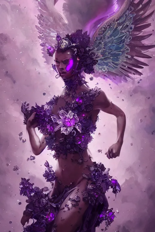 Image similar to torso closeup model wearing demonic crystal dress in purple flowers, sorcerer, diamonds, angel, fantasy, dramatic lighting, highly detailed, digital painting, holding electricity, magic the gathering, hyper detailed, 3 d render, hyper realistic detailed portrait, peter mohrbacher, wlop, ruan jia